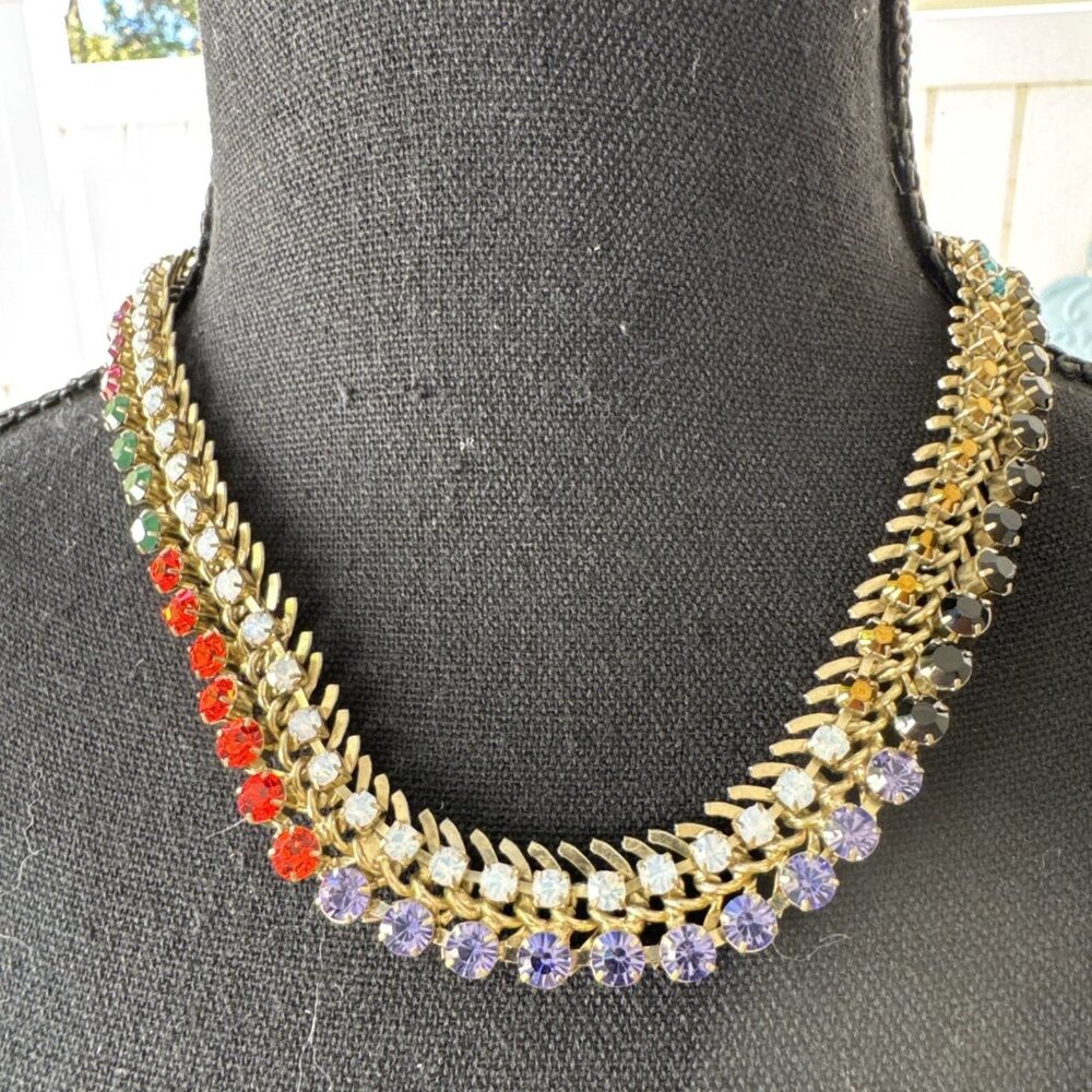 Cara New York Rhinestone Multicolor Gold Tone Layered Statement Necklace NEW